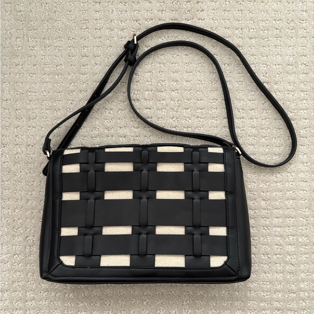 a new day Black and Cream Basket Weave Woven Crossbody Bag